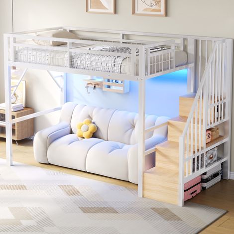 Hochbett 90 x 200 cm aus Metall und MDF mit LED, Treppe mit Stauraum, Weiß OKMYHOME (1/5)