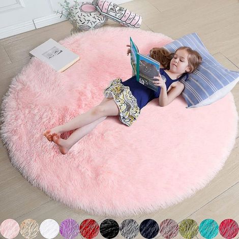 Tapis rond rose poudré, idéal pour la chambre à coucher, tapis rond moelleux de 120 x 120 cm, parfait pour les enfants. (1/5)