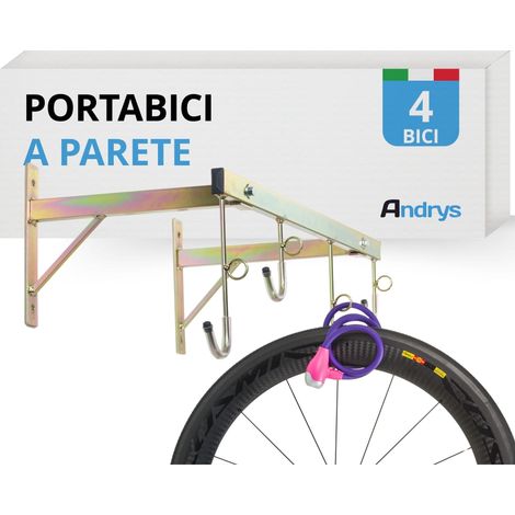 ANDRYS - Portabici a Parete Smontabile da Esterno ed Interno con Anelli per Lucchetto Antifurto, con Tappi in Pvc Nero, in Acciaio, Colore Tropical Oro, 78 x 37 x 28 cm, 4 Posti
