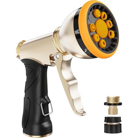 Embout de tuyau d'arrosage robuste en métal  9 jets et haute pression – Idéal pour les plantes, la pelouse, le lavage de voiture et la douche pour chien (Orange) (1/4)
