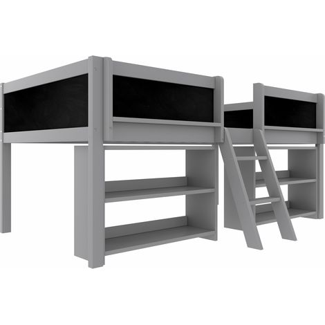 Halbhohes Bett 90 x 200 cm aus Kiefer und MDF mit Stauraum, Leiter und Schutzgitter, grau (1/5)