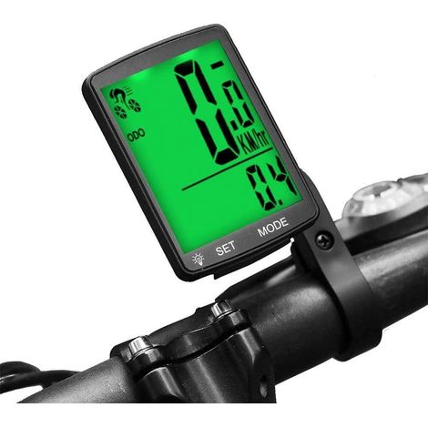 (7,8 x 5 cm, lumière verte) Compteur de vitesse pour vélo sans fil avec écran LCD, podomètre étanche et mesure automatique de la température. (1/5)