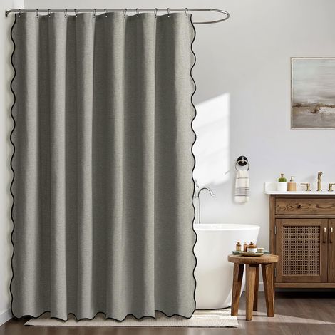 Rideau de Douche en Lin Texturé Ondulé 180x180 cm Gris, Luxe Rideau de Douche Imperméable, Anti-Moisissure Tissu Lavable Rideaux de Bain pour Salle de Bain avec 12 Crochets Métalliques. (1/5)