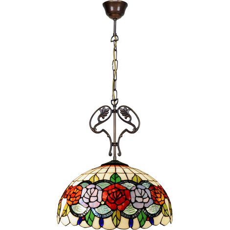 Lampe à suspension de plafond avec chaîne et ornement en fonte avec abat-jour Tiffany diamètre 40 cm Série Rosy