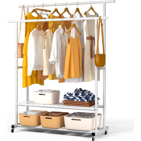 VOUNOT® Perchero Burro Ropa Doble, Organizador de Ropa Metálico con Ruedas y 2 Estantes Inferiores, 120x40x146cm Blanco