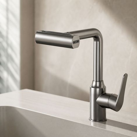Robinet lavabo gris gunmetal 4 jets acier inoxydable mitigeur eau chaude et froide avec aérateur anti-éclaboussures (1/5)