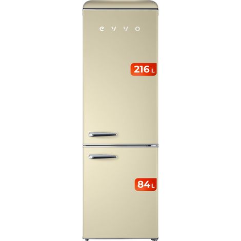 EVVO Frigorífico combi F55 Retro Beige, refrigerador 216 litros, congelador 84 litros, diseño vintage, cajón Crisper Zone, Turbo fan, libre de gas CFC, silencioso