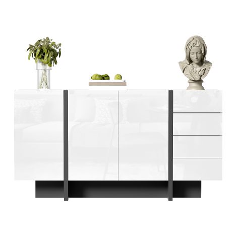 Credenza bianca lucida, moderna e semplice, con 2 ante e 4 cassetti, facile da pulire, ideale per soggiorno o sala da pranzo. (1/5)
