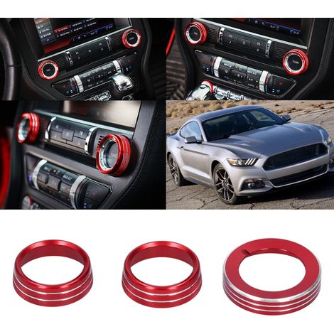 Juego de tres piezas de anillos de aluminio rojo para los botones del aire acondicionado y embellecedores para las perillas de los faros delanteros, para modelos Ford Mustang 2015-2020.