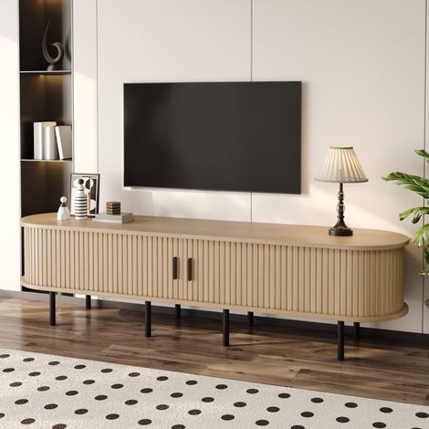 Meuble TV bas 170 x 40 x 46 cm, meuble salon elliptique rainuré avec 2 portes coulissantes et 2 niches passe-câbles, MDF, Naturel