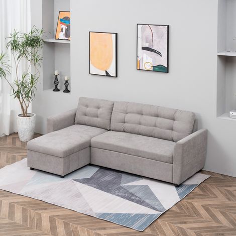 Divano Letto Angolare 3 Posti con Chaise Longue Contenitore e Rivestimento Effetto Lino, 217x134x85cm, Grigio (1/5)