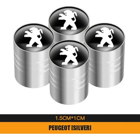 (Argent) 4 bouchons de valve de pneu en métal, compatibles avec Peugeot 206, 207, 208, 307, 308, 3008, 407, 508, 5008, 2008, 106, 107, 205, 301 et 4008 (1/5)