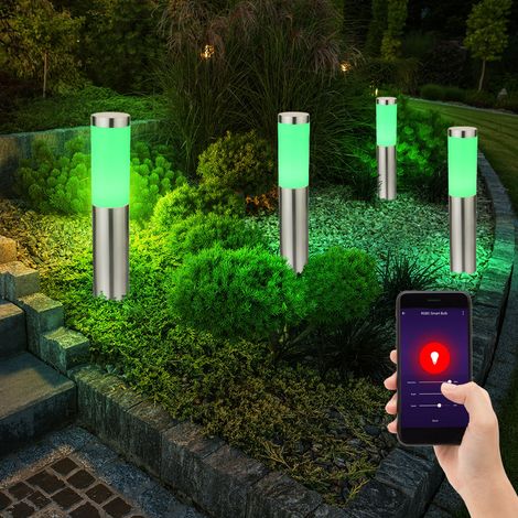 Set di 4 lampade a presa intelligente da giardino in acciaio inossidabile per esterni, cortile, luci in piedi del vialetto dimmerabili in un set che include lampadine a LED RGB