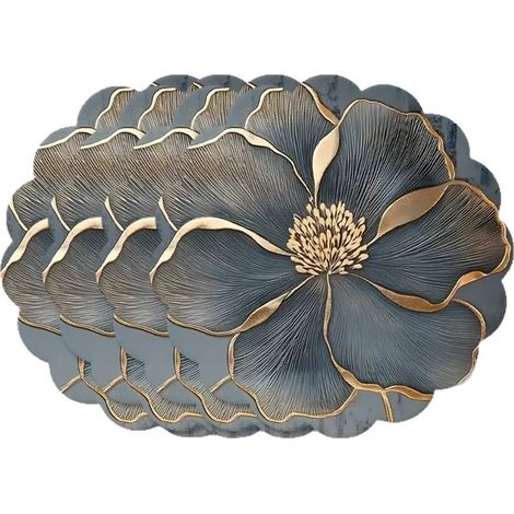 Set aus 4 Tischsets aus Leinen und Baumwolle (blau) – Luxuriöse runde Tischsets 33 cm mit fächerförmigen Rändern und floraler Stickerei. (1/5)