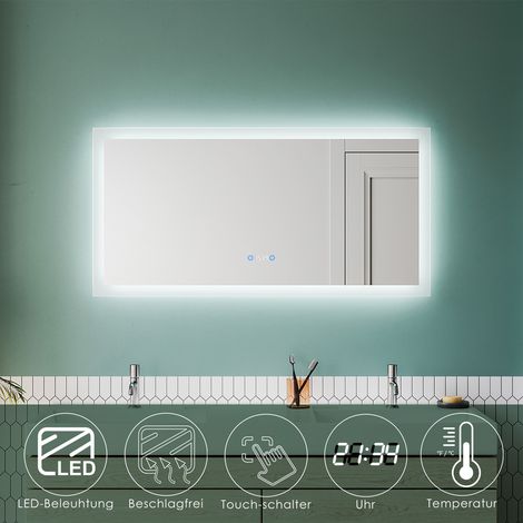 SONNI Badspiegel LED Touch Beleuchtung Uhr Beschlagfrei Badezimmerspiegel mit LED 120 Wandspiegel mit automatischem Anti-Beschlag 120x60cm Energiesparender IP44 (1/5)
