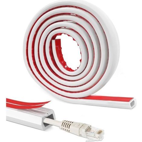 3M Goulotte Passe Cable Auto-adhésif,Cache Cable TV Mural,Goulotte Electrique Exterieur,Cache Cable Sol pour Cacher 1 Câble,Blanc (1/4)
