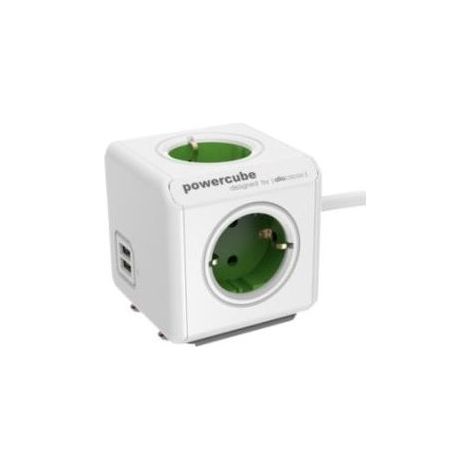 Allocacoc 17258742710323 Multi Thief con 4 spine e 2 porte USB (2,1 A) in forma di cubo, cavo da 1,5 m, bianco/verde