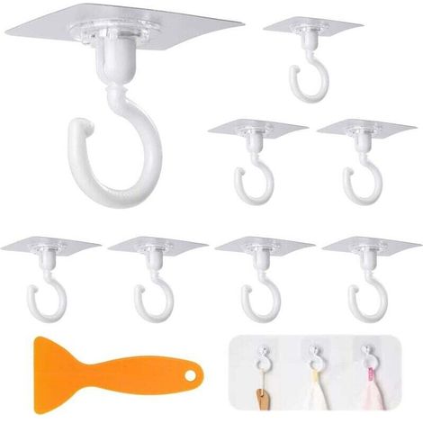 Lot de 8 crochets de plafond autocollants - Pivotants à 360° - Étanche - Avec grattoir - Sans perçage - Pour salle de bain, cuisine, bureau (1/4)