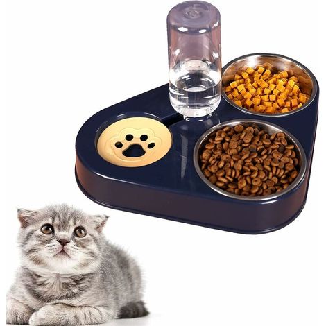 Double Raised Cat and Dog Bowl, Cat Bowl, 3-in-1 Pet Bowl with Automatic Water Storage, Stainless Steel Pet Bowl for Cats and Puppies (Blue)