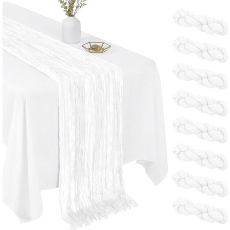 Ensemble de 8 chemins de table en mousseline blanche (43 x 274 cm) - Tissu en maille bohème, transparent, pour mariage, baby shower, fête ou décoration intérieure (1/5)