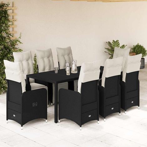 Set de mesa y sillas de jardín 9 pzas y cojines ratán PE negro