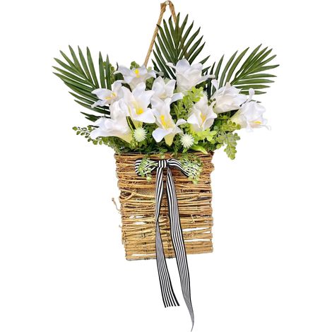 Rattankorb für die Tür, Lilienkranz, Korb mit künstlichen Blumen, Dekoration, Hängekorb (1/5)