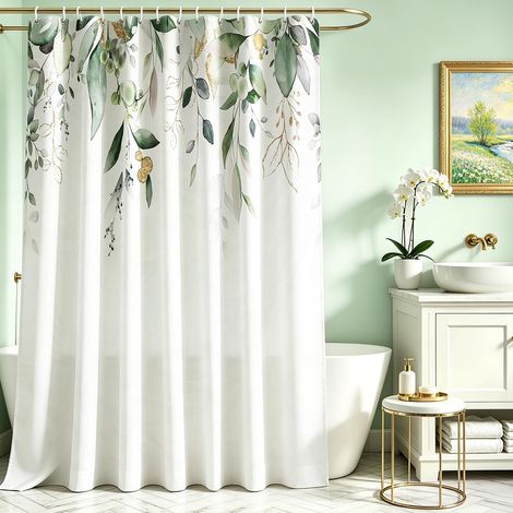 Rideau de douche 180 x 160 cm, motif feuilles dorées, ourlet lesté, tissu anti-moisissure, imperméable, lavable, en polyester, avec 12 œillets et anneaux de rideau de douche pour salle de bain (1/5)