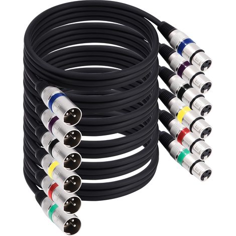 Lote de 6 cables XLR, 1,5 m, multicolor, 3 pines macho/hembra, apantallados. (1/5)
