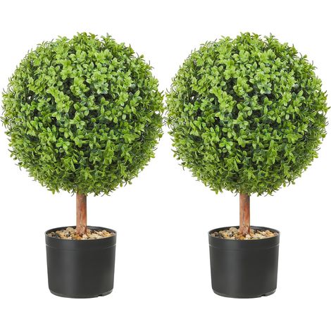 Topiaires artificiels en buis, 24 cm (lot de 2), forme boule, plantes vertes avec pots, feuilles remplaçables, pour intérieur/extérieur/jardin. (1/5)