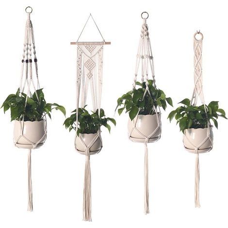 Jardinière Suspendue en Macramé, Lot de 4 Jardinières Suspendues en Corde de Coton pour Décoration Murale Intérieur Extérieur Plafond Balcon, Blanc (1/5)
