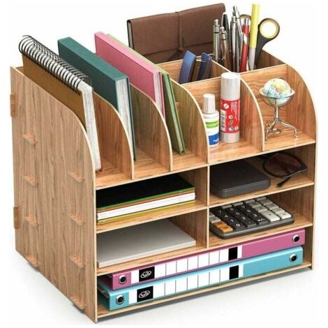 Organizzatore da scrivania in legno, set portaoggetti da scrivania di design Lesfit, organizer multifunzionale per penne, matite, fogli A4 e accessori (32 × 24 × 27 cm)