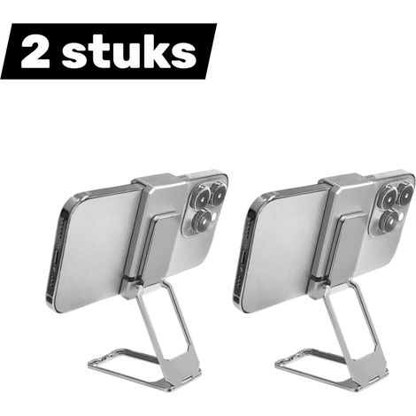 Lot de 2 supports pour téléphone portable - Support de bureau - Support portable - Clip magnétique pour téléphone - Support rotatif à 360° - Argent (1/5)