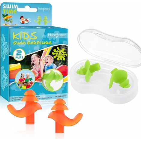Bouchons d'oreille pour la Natation, 2 Paires Bouchons d'oreille s et Imperméables Protection Auditive Enfant pour Natation,et Autres Sports Nautiques Vert & Orange (1/5)
