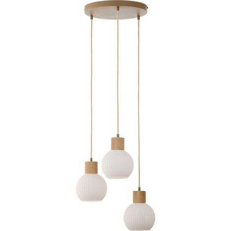 Lustre suspendu scandinave rond ALBA Sigma Lighting 3xE27 bois clair blanc verre strié (1/5)