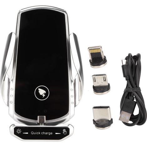 Support de téléphone magnétique pour voiture, chargeur sans fil 15W QI à rotation 360°, charge rapide avec détection automatique, 3 têtes magnétiques, argenté (1/5)