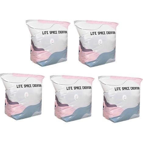 Lot de 5 sacs de rangement sous vide sans pompe - Fermeture facile par pression, gain de place de 80 %, vêtements secs et sans poussière. (1/5)