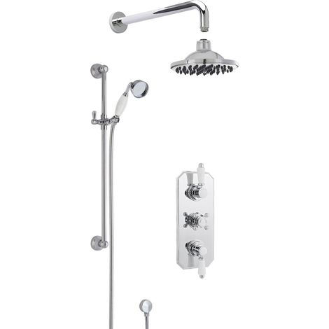 Traditional Concealed Triple Valve with Bevelled Back Plate Shower Set with Slide Rail Kit, Arm & Head- Chrome - Balterley