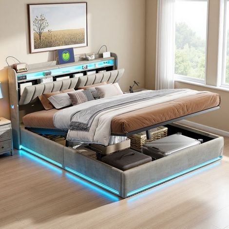 Bett 140x200 cm, Doppelbett 140x200 cm, Bettgestell mit LED-Beleuchtung, 2 Personen, Kopfteil mit Stauraum, graues Velvet