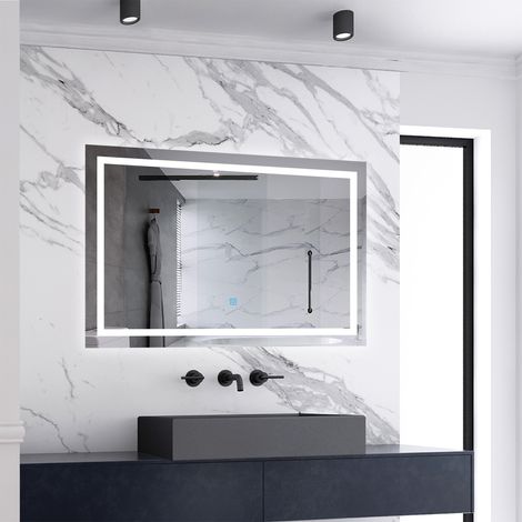 Miroir de salle de bain lumineux L.90 x H.60 cm avec Anti-Buée + 3 Couleurs + Dimmable, Miroir LED Mural