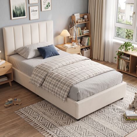 VASIEN – Lit Coffre 90x200 avec tête de lit relevable et sommier à Lattes,lit Une Place/lit Deux Place Cadre de lit avec Rangement,Lit 1 Place avec rangement hydraulique,Beige Lin (1/5)