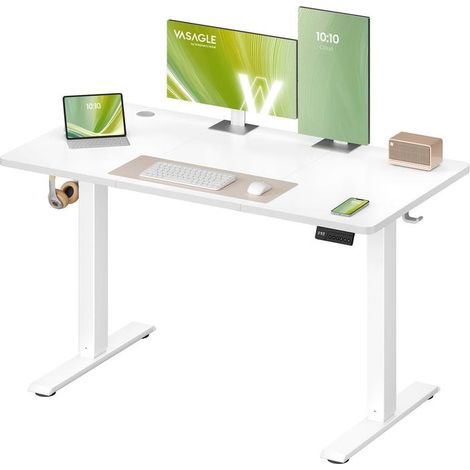 Bureau assis-debout réglable en hauteur 120 x 60 cm avec fonction mémoire pour télétravail en panneau d'aggloméré blanc (1/2)