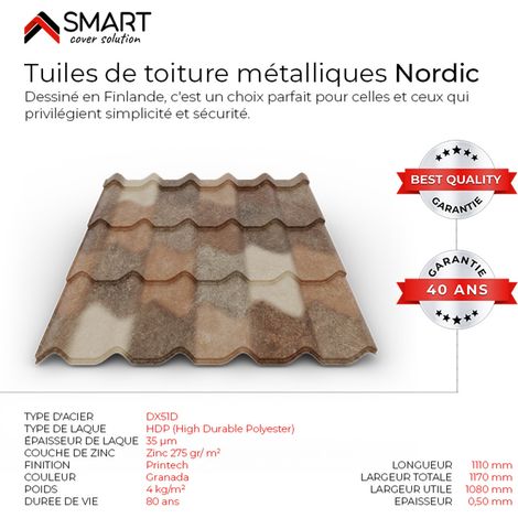 Bravo The Smart Solution – Tuile de toiture métallique – Coloris Spanish Roof Granada – Dimensions 1110x1170mm – Épaisseur 0.50mm pour chantiers humides (1/5)