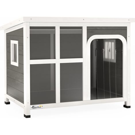 Cuccia per Cani di Taglia Piccola e Media 90x62x71 cm con Finestrelle e Ingresso a Tenda in Legno di Abete Grigio Chiaro (1/5)