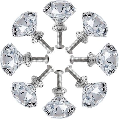 Set of 8 Silver Crystal Cabinet Door Knobs, Diamond Cut Zinc Alloy with Screw Knobs (1/4)