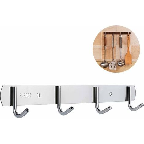 Barra colgante de acero inoxidable con 4 ganchos, barra de ganchos, utensilio de cocina autoadhesivo con respaldo adhesivo 3M, no requiere perforación, toallero inoxidable, color plata. (1/5)