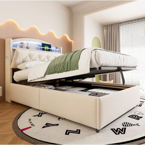 Kinderbett Polsterbett modern 90x200 cm in Beige mit LED-Kopfteil, USB-C und Bettkasten (1/5)