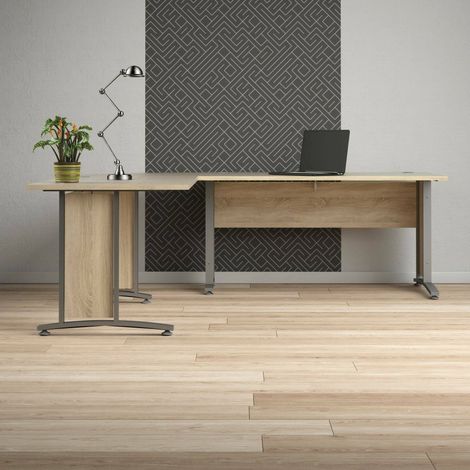 Dmora - Escritorio Tanya, Escritorio multiusos, Mesa de oficina para PC, El plan de trabajo, 230x200 h75 cm, Gris y Roble (1/5)