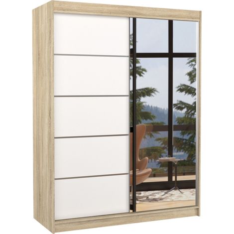 Armoire de chambre naturel 2 portes coulissantes 1 blanche et 1 miroir Limka 150cm (1/5)