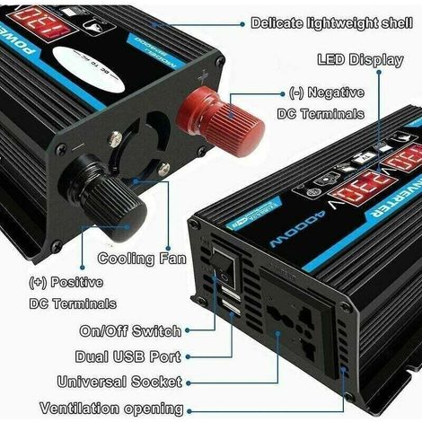 Convertisseur Pur Sinus 12V 220V 4000W avec Onduleur Onde Sinusoïdale Pure, Transformateur équipé d'une Prise EU, d'un Port USB, d'un Port Type-C et d'un Écran LCD.