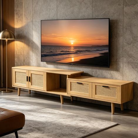 Meuble TV extensible - avec portes - avec tiroirs de rangement - meuble TV en bambou et rotin tressé - rotin couleur chêne - style salon moderne (1/5)